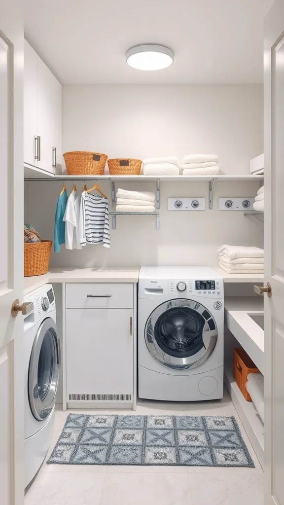 A well-organized basement laundry room featuring a washer, dryer, shelves, and storage baskets.