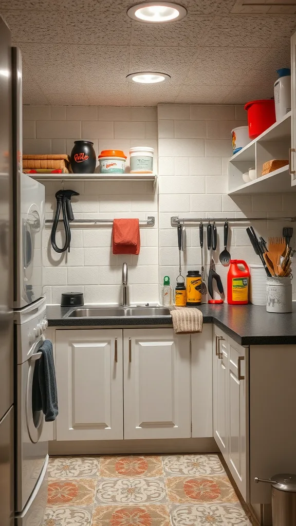 A modern basement kitchenette featuring white cabinets, a sleek countertop, and organized shelves.