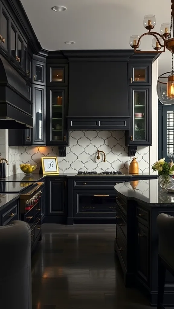 A stylish kitchen featuring elegant black cabinets, a white backsplash, and gold hardware.