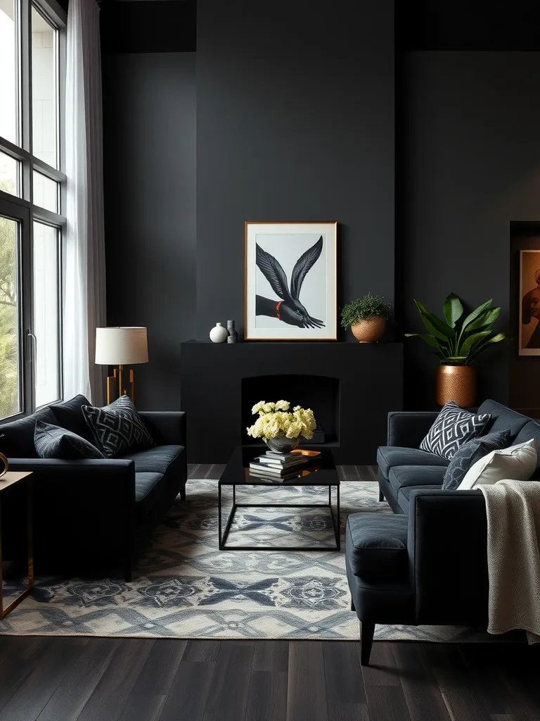 A stylish black living room with black sofas, a coffee table, a patterned rug, and decorative plants.