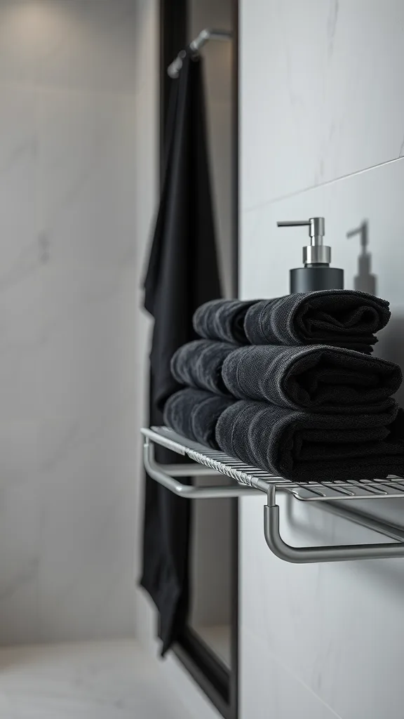 A stylish half bathroom featuring black towels neatly stacked on a metal rack, a black towel hanging, and a sleek soap dispenser.