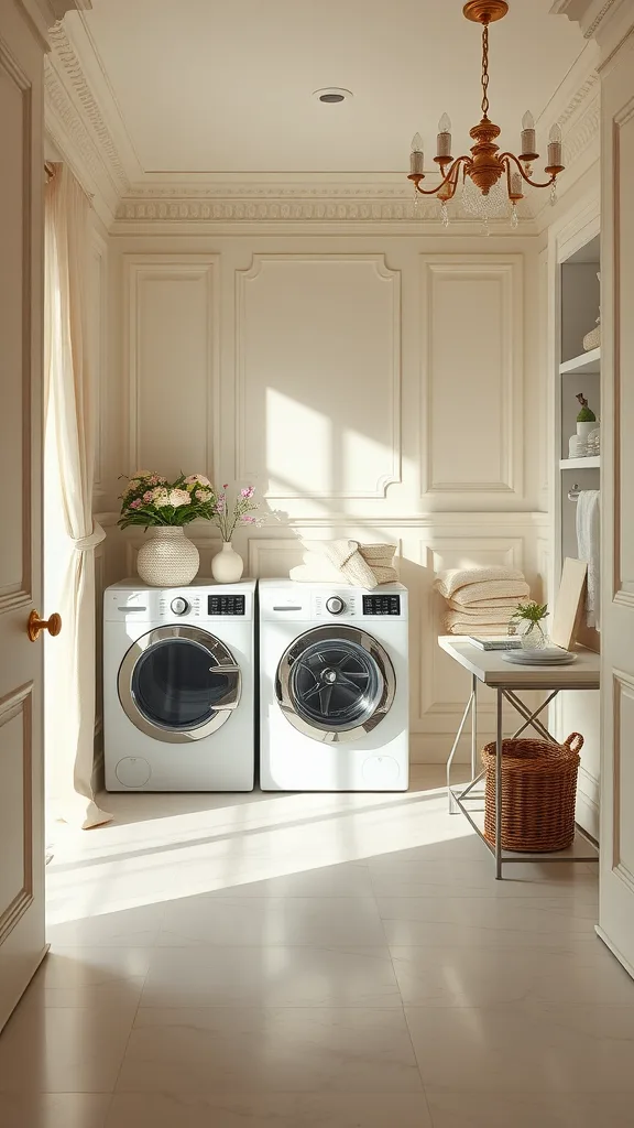 A well-lit laundry room featuring elegant cream walls, white washing machines, and stylish decor.