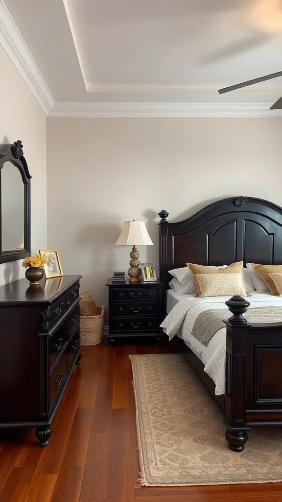 A cozy bedroom featuring dark wood furniture, including a detailed bed frame and matching dresser, complemented by soft lighting and a neutral color scheme.