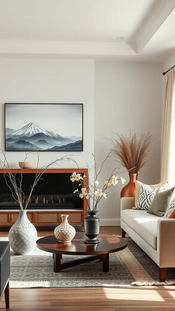 A modern living room with decorative vases on the coffee table and a mountain painting on the wall.