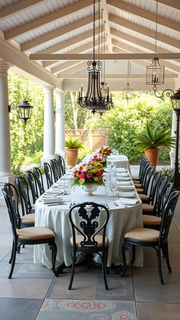 An elegant outdoor dining area featuring a long table, black chairs, and floral centerpiece.