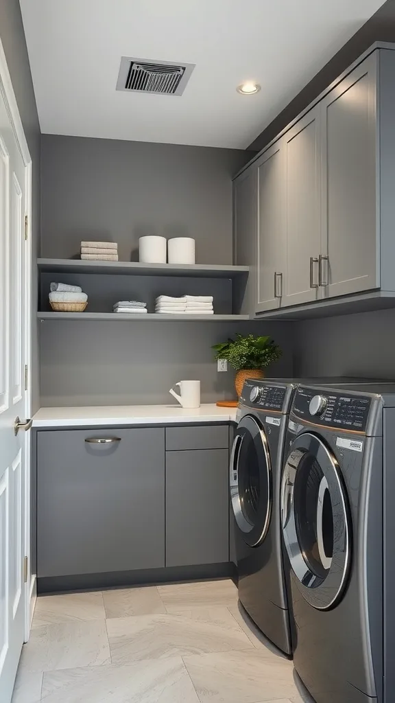 A modern laundry room featuring gray walls, gray cabinetry, and stainless steel appliances.