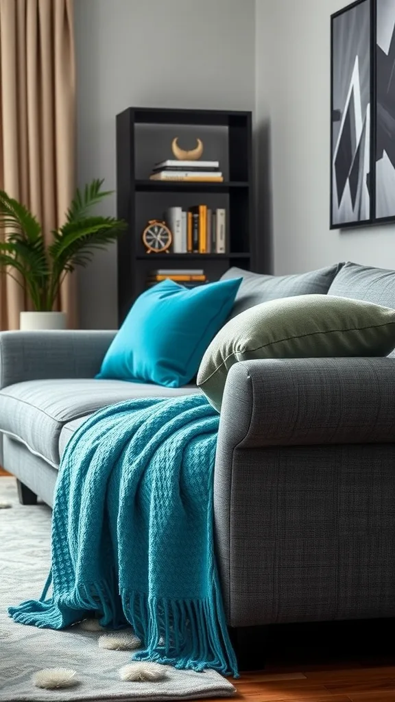 A gray sofa adorned with a cerulean throw and colorful pillows in a modern living room setting.