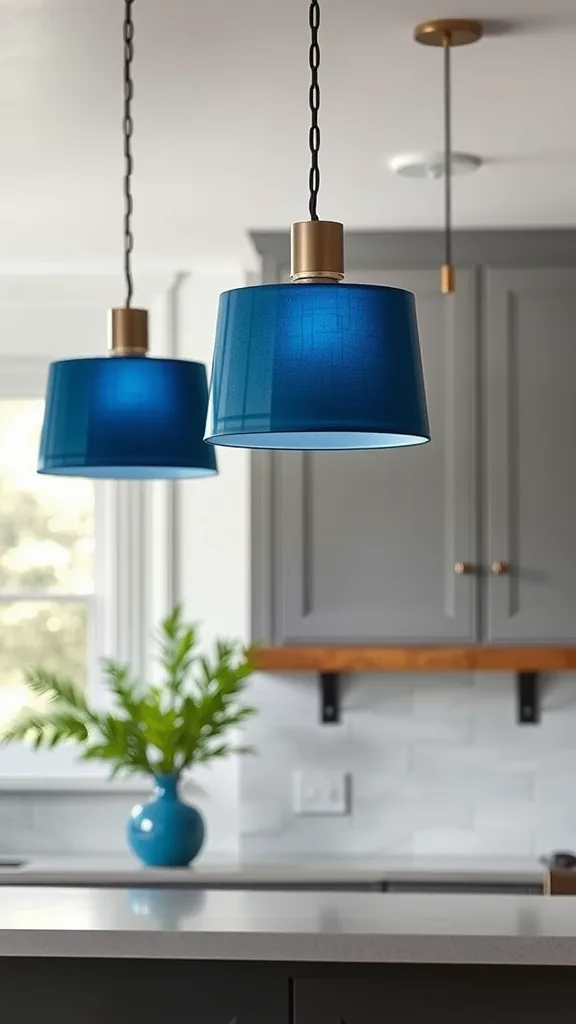 Grey pendant lights with blue shades hanging in a kitchen