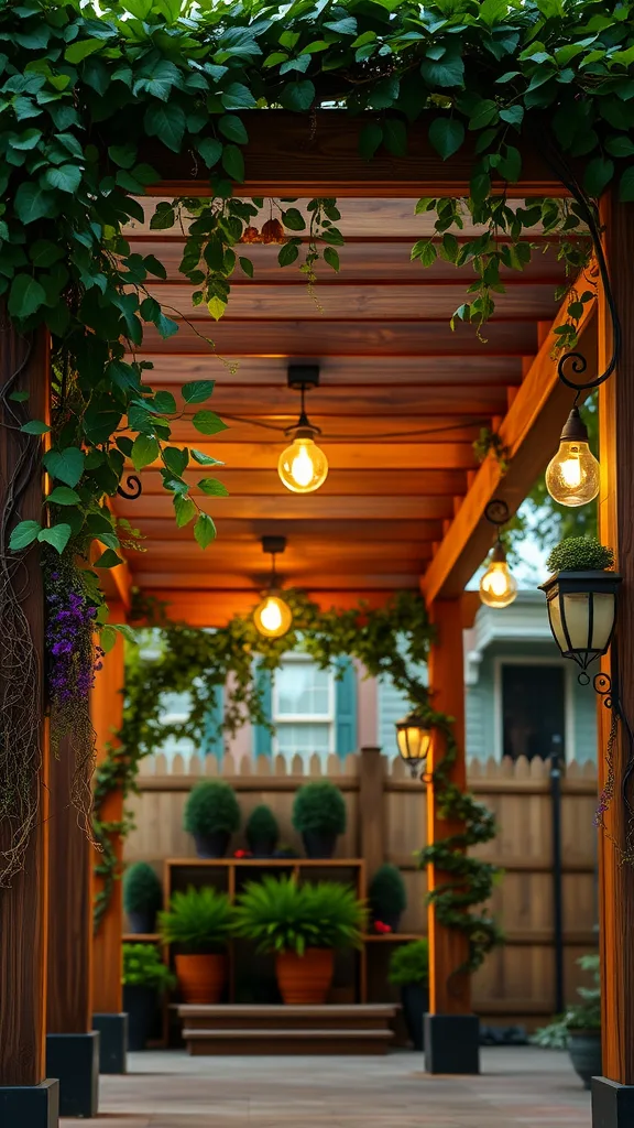 A cozy wooden pergola draped with climbing vines and lit with soft hanging lights, surrounded by potted plants.