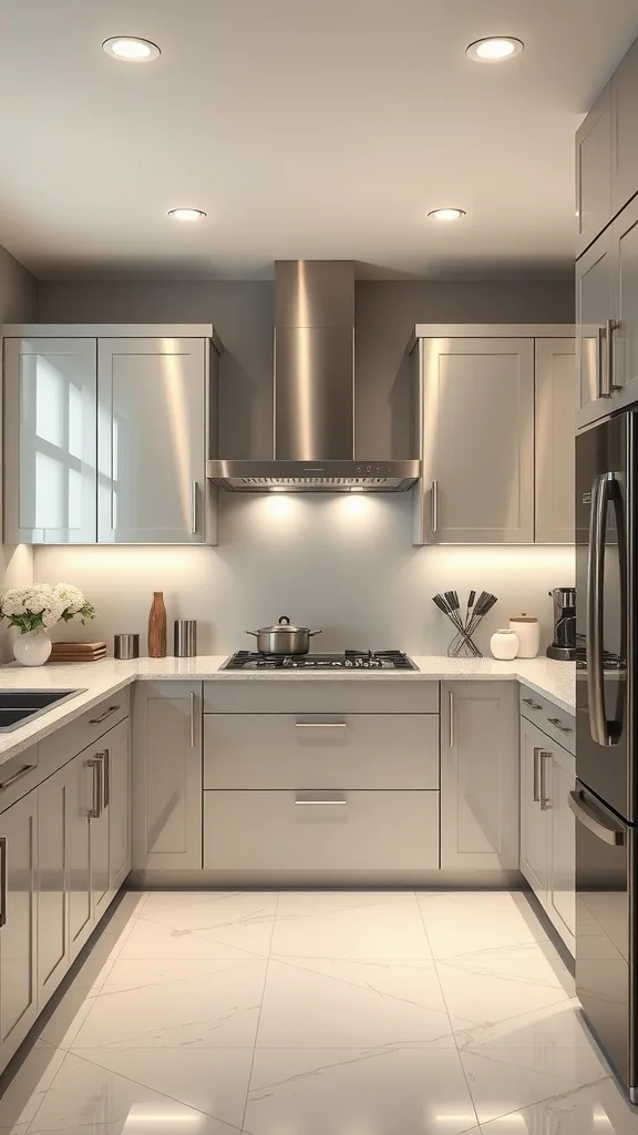 Modern kitchen with silver cabinets, white countertops, and stylish appliances.