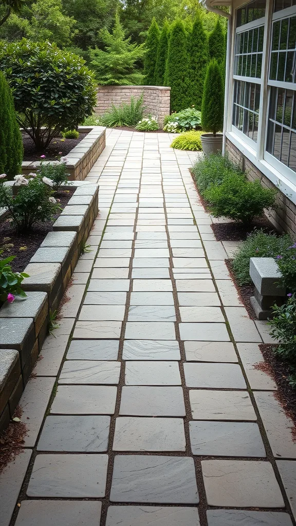 A beautiful stone pathway surrounded by greenery and flowers, leading to a patio.