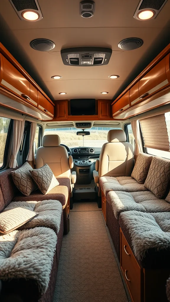 Interior view of a cozy RV with upholstered seating and warm lighting.