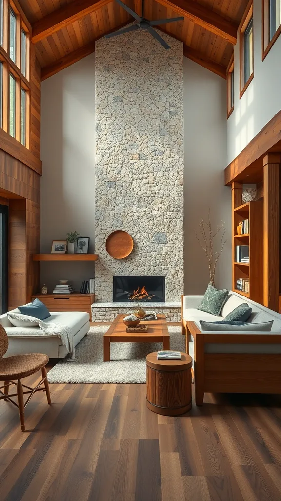 A cozy living room featuring a stone fireplace, wooden beams, and natural materials.