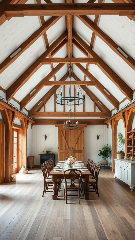 A farmhouse dining room with exposed beams and high ceilings, featuring a long wooden table and elegant decor.