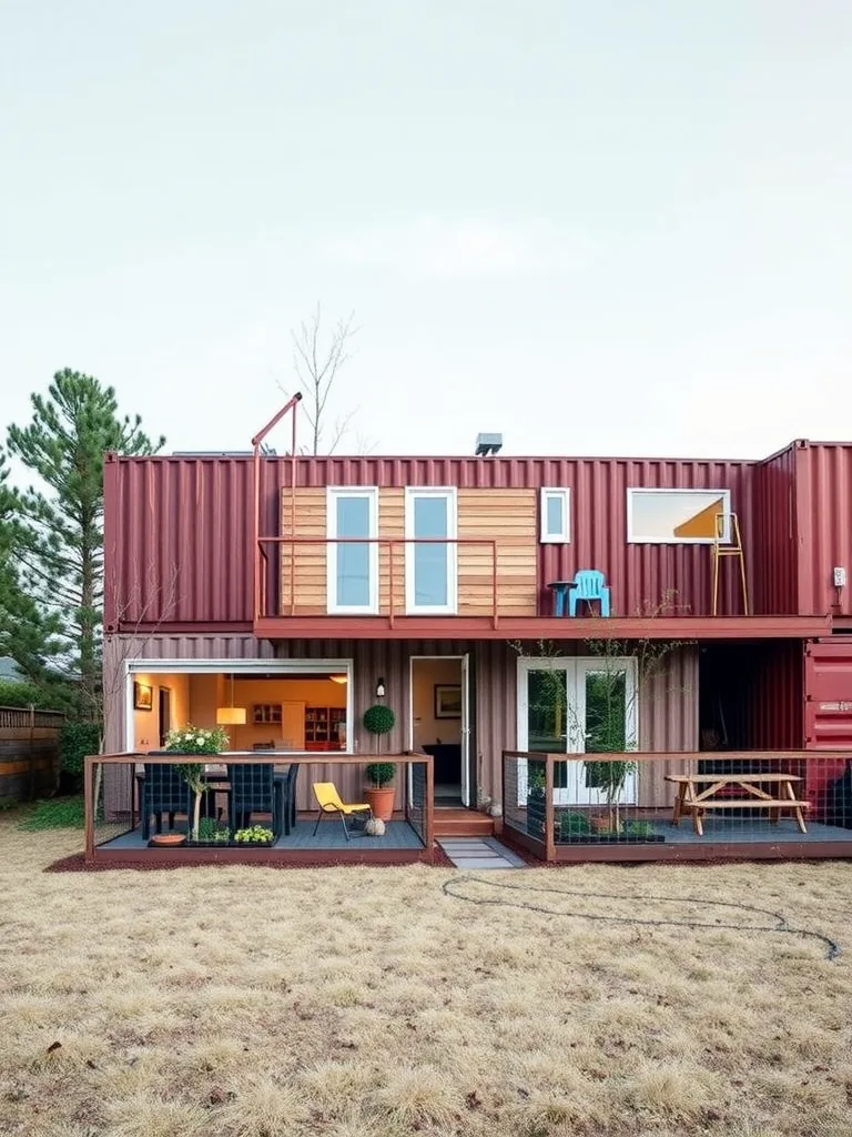 A multi-container shipping home featuring a two-story design with large windows, a patio area, and greenery.