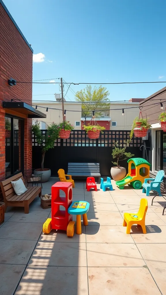 Family-friendly play area with colorful children's toys on a patio