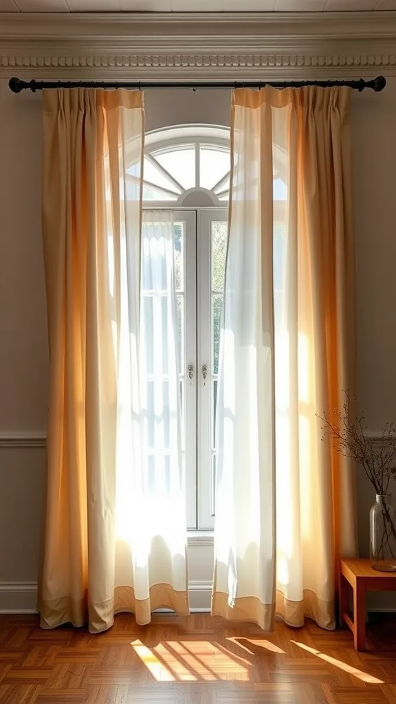 Soft, beige and light peach drapes framing a window in a bright farmhouse dining room