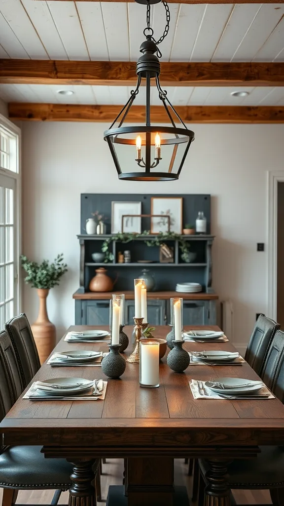 A farmhouse dining room featuring a lantern-style chandelier above a wooden dining table set with plates and candles.