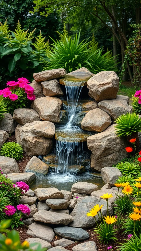 A charming faux rock waterfall surrounded by colorful flowers in a garden.