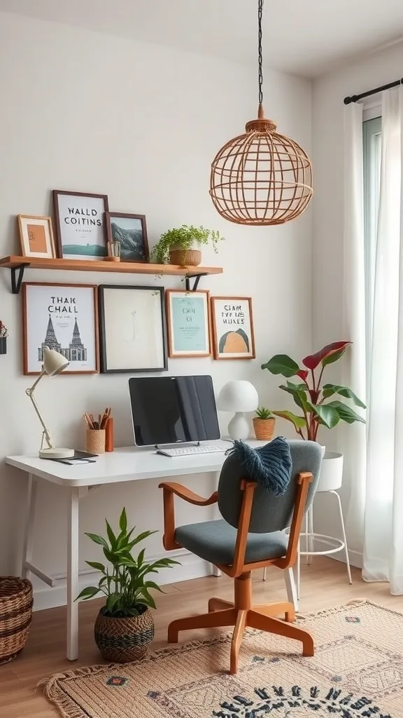 A bright and minimalist home office with a white desk, a cozy chair, and decorative plants.