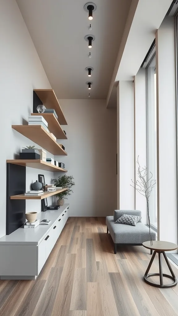 A narrow living room featuring floating shelves, a cozy chair, and large windows.