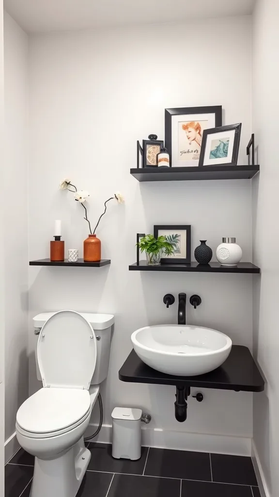 A modern black half bathroom with floating shelves and stylish decor.