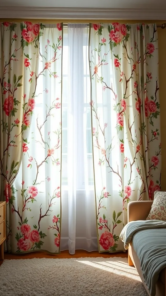 Floral curtains with pink flowers and branches in a cozy bedroom setting