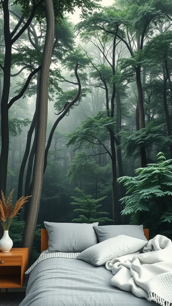 A cozy bedroom featuring a forest wall mural with lush greenery and trees.