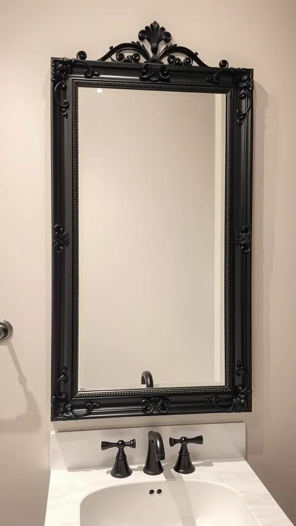 A black framed mirror with intricate details above a bathroom sink.