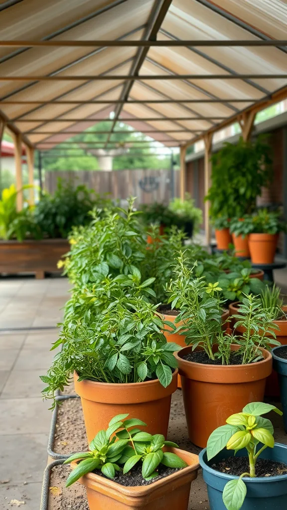 A covered outdoor patio with various herb garden planters in terracotta pots, showcasing vibrant green herbs.