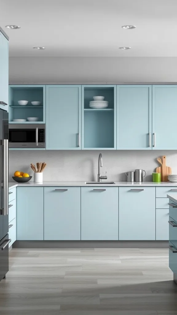 A modern kitchen with frosted blue glass cabinets, grey interiors, and a sleek design.