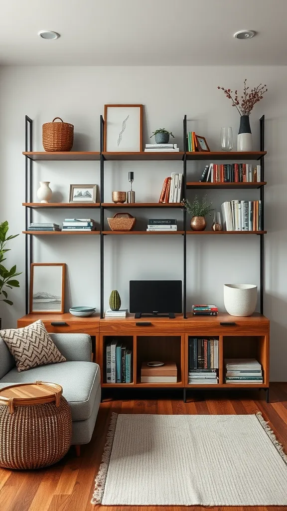 A stylish Japandi living room featuring functional shelving with books, plants, and decorative items.