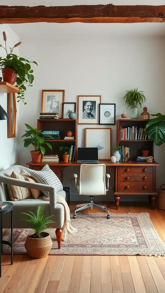 A cozy boho home office featuring a vintage wooden desk, white office chair, plants, and colorful decor.