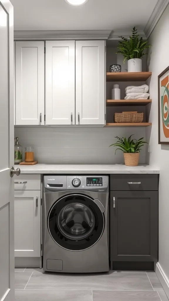 A stylish basement laundry room featuring white washing machines, dark wood cabinets, plants, and a light floor.