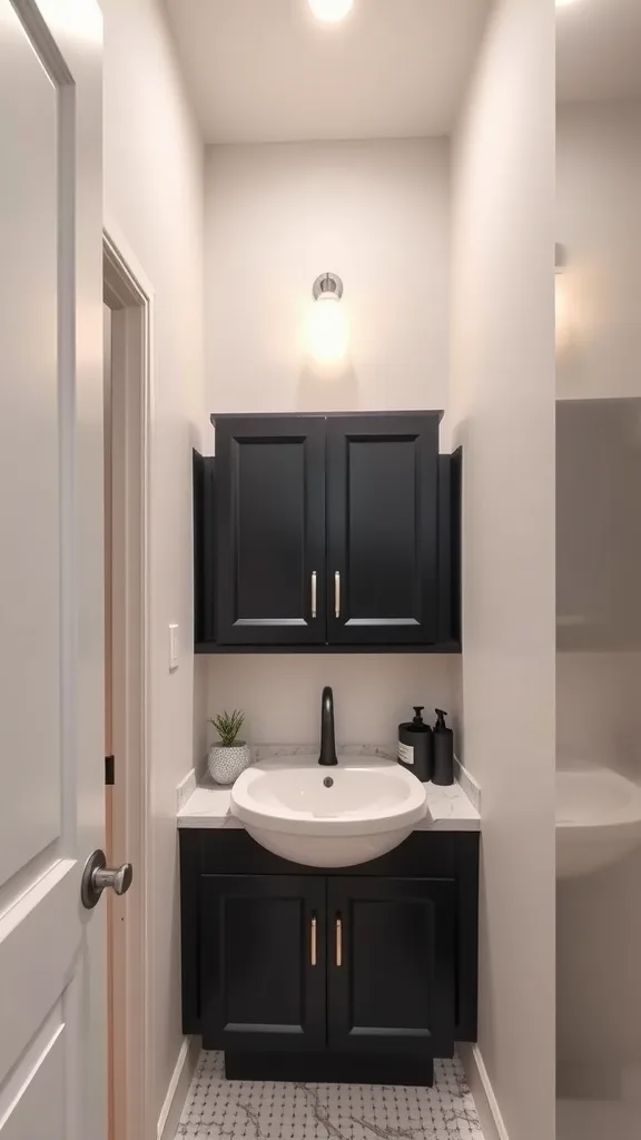 A modern black half bathroom featuring stylish cabinetry and a sleek sink.