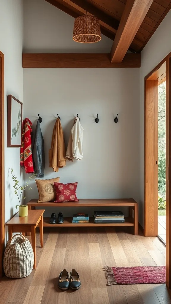 A stylish Japandi entryway featuring a wooden bench, hooks for coats, and decorative elements.