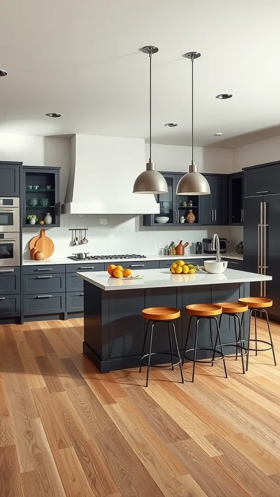 A modern kitchen featuring a functional island with seating, dark cabinets, and wooden flooring.