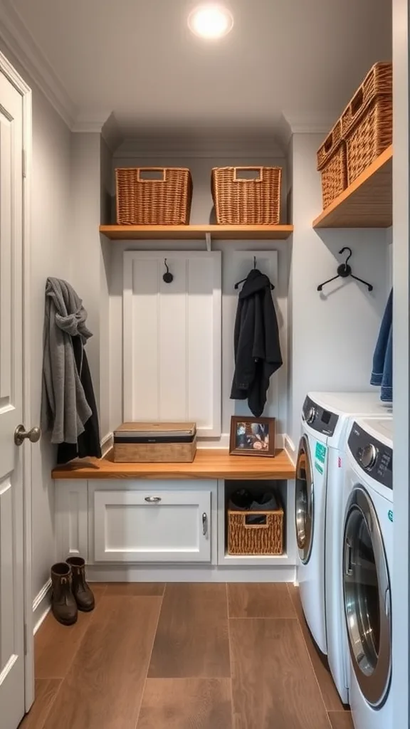 A functional mudroom-laundry combination featuring modern appliances, wooden storage, and hooks for coats.