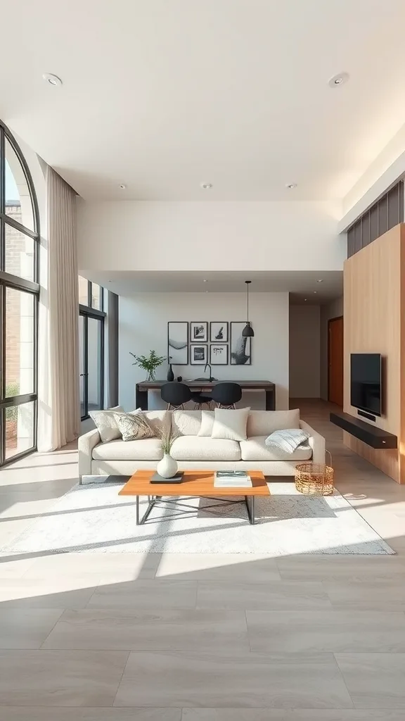 A modern coastal living room with large windows, neutral colors, and a comfortable sofa.