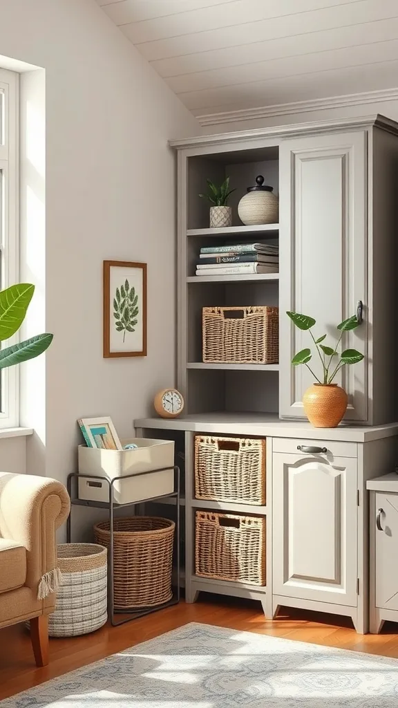 A well-decorated living room corner with a storage cabinet, woven baskets, and plants.