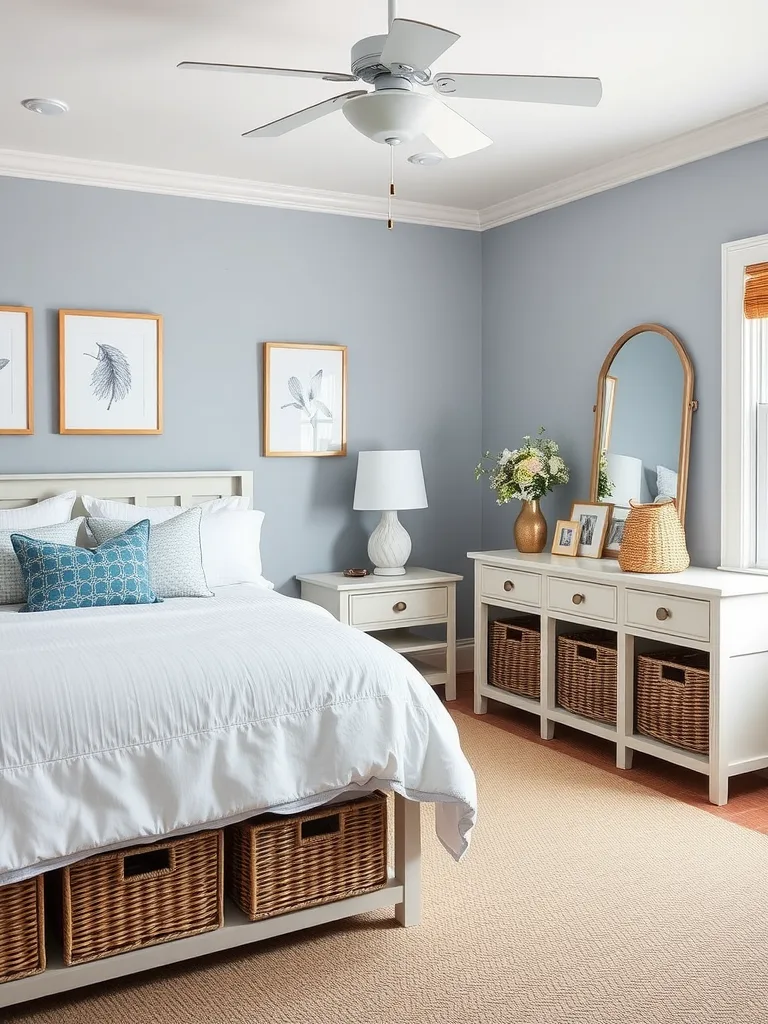 Coastal bedroom with a bed featuring storage drawers and a dresser with woven baskets