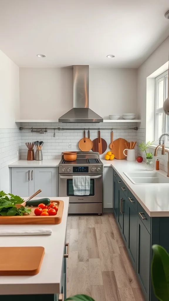 A stylish modern kitchen with light blue cabinets, stainless steel appliances, and fresh vegetables on a wooden cutting board.