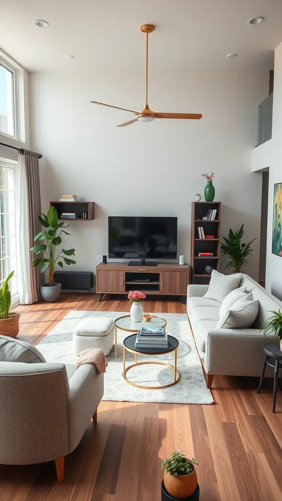 A modern living room with a stylish layout featuring a sofa, armchairs, coffee table, TV stand, and indoor plants.