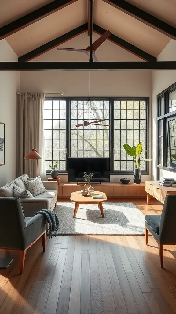 A bright and airy Japandi living room featuring a mix of Japanese and Scandinavian design elements.