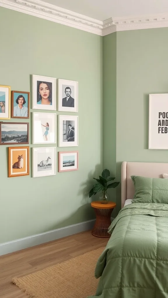 A gallery wall with framed photos in sage green bedroom