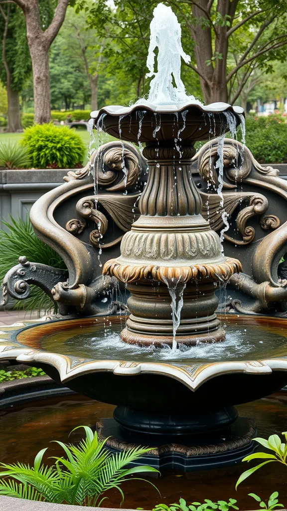 A decorative garden fountain with multiple tiers, featuring flowing water and surrounded by lush greenery.