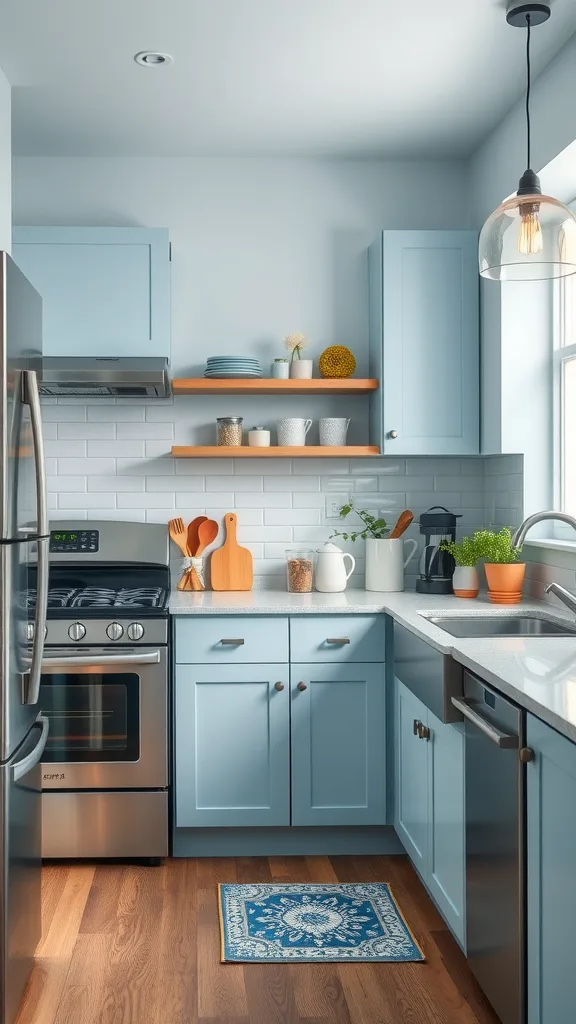 A modern kitchen featuring light blue cabinets and grey appliances with wooden flooring.