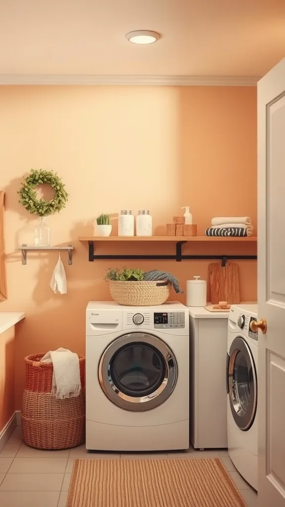 A laundry room painted in gentle peach, featuring white appliances and natural decor.