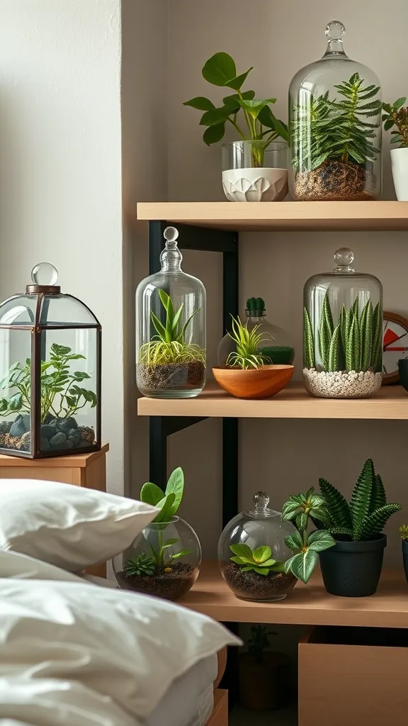 Image showcasing three glass terrariums with different plants, set on a bed in a cozy bedroom, with a bookshelf in the background.