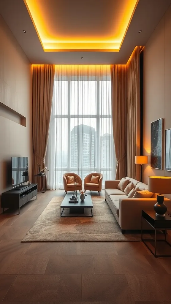 A narrow living room with long curtains, warm lighting, and modern furniture.